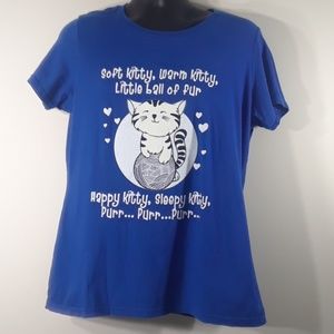 "Soft kitty, Warm kitty" song on royal blue T